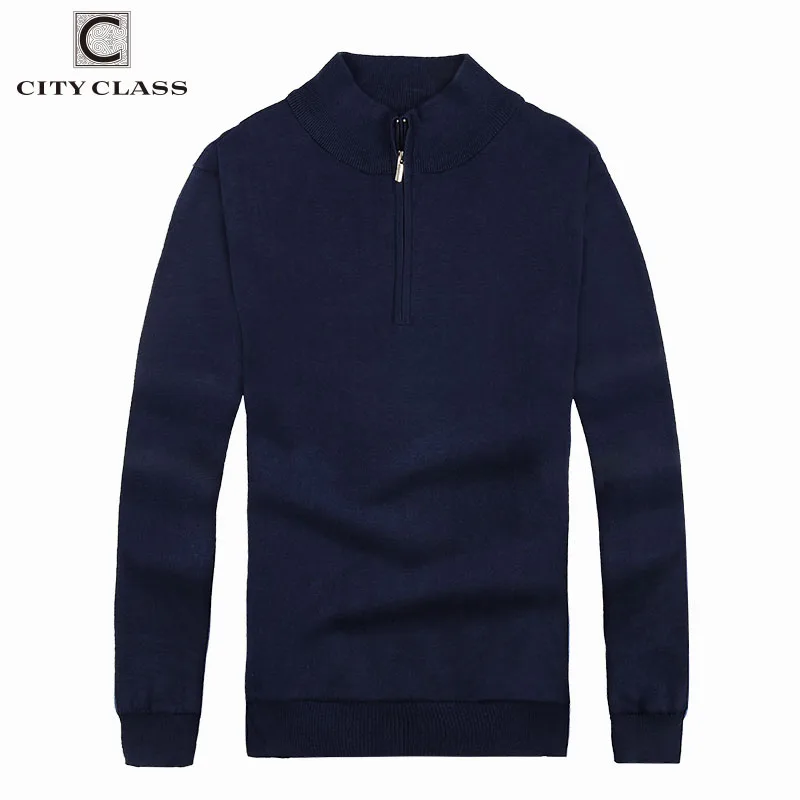 CITY CLASS, мужские свитера, весна-осень, одноцветные пуловеры для мужчин, Хлопковый вязаный свитер на молнии, водолазка, одежда 3574 - Цвет: DARK BLUE