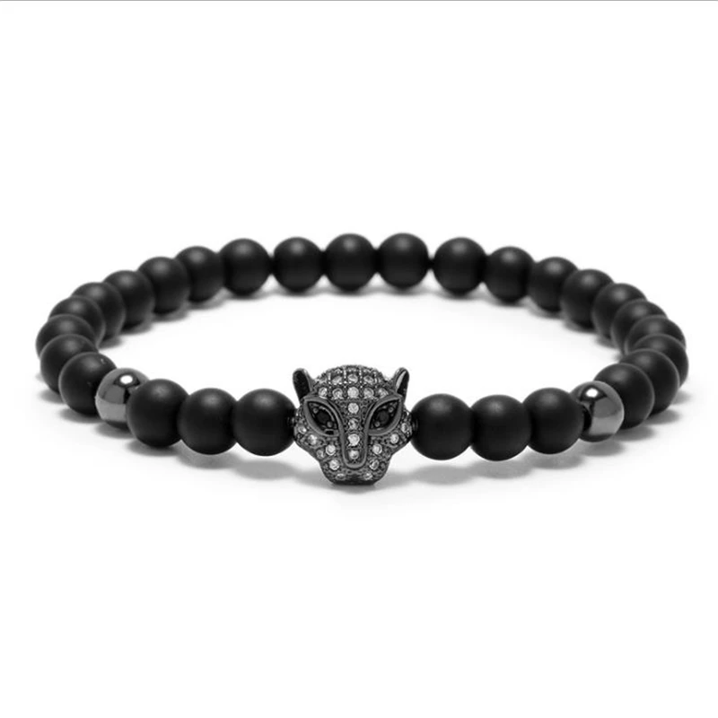 Sleek minimalist 6mm matte black stone beaded bracelet micro inlaid zircon leopard head | Украшения и аксессуары