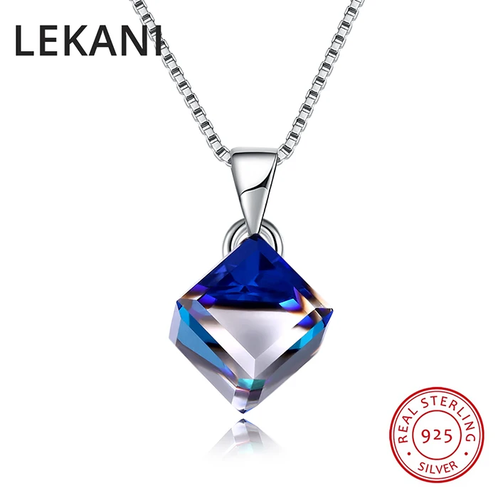 LEKANI кристаллы от Swarovski синий куб ожерелье с подвеской простое Трендовое ожерелье Настоящее Серебро S925 хорошее ювелирное изделие для женщин девушек - Цвет камня: Синий