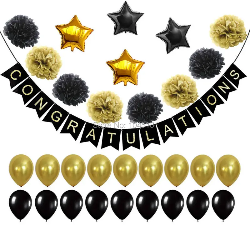 Черные и золотые поздравления гирлянда баннер папиросная бумага Pom фольга звезда