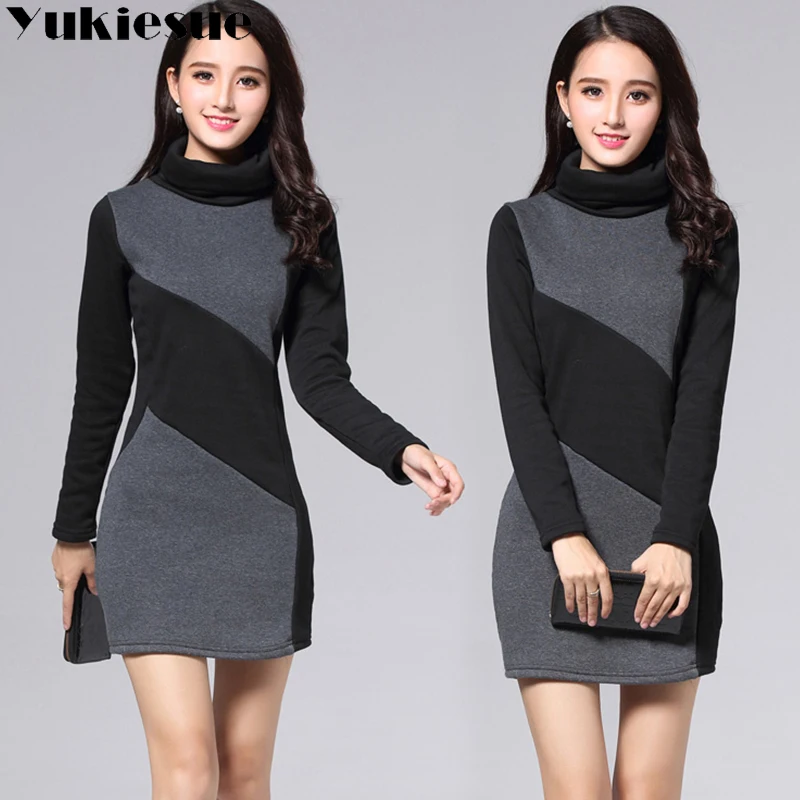 Зимнее теплое флисовое платье для женщин 2018 Водолазка с длинным рукавом