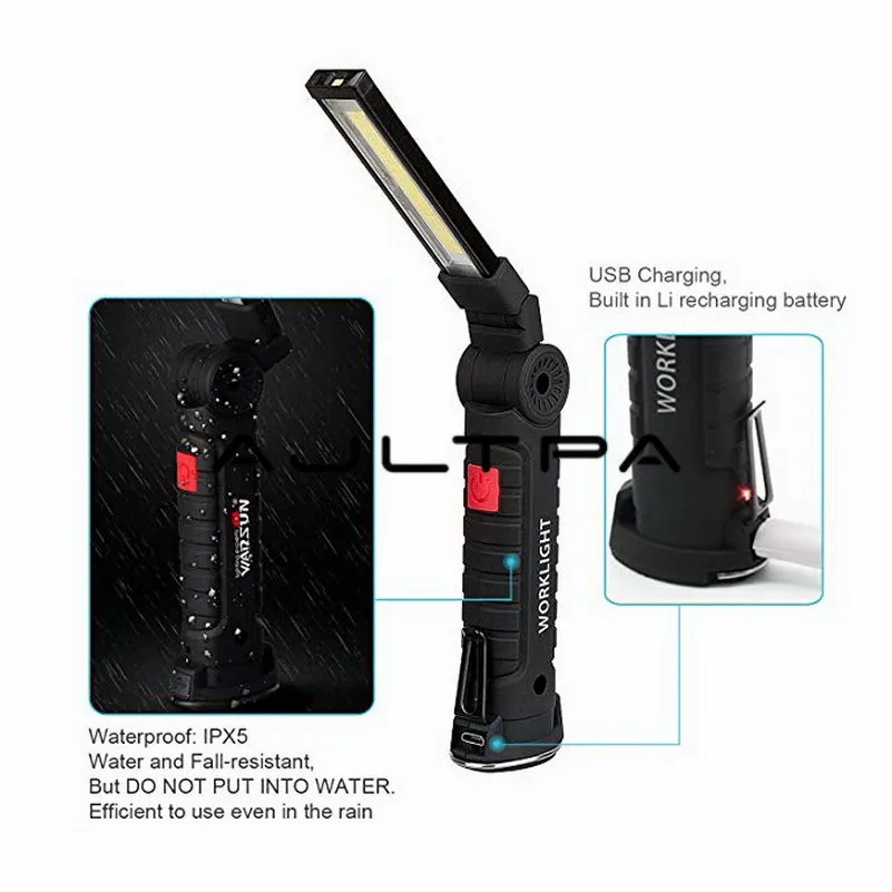 구매 휴대용 COB LED 작업 조명 USB 충전식 포켓 LED 라이트 COB 360 도 회전 5 조명 모드, 마그네틱베이스 회전 후크