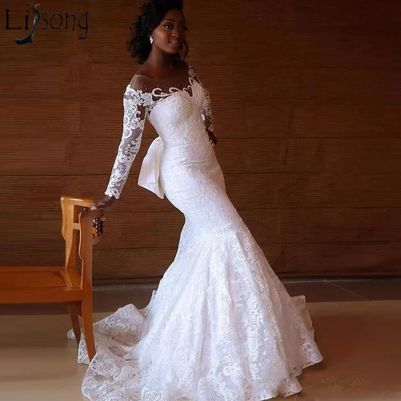 South Africa Mermaid Wedding Dresses Sheer Jewel Neck Long Sleeve Lace Wedding Dress Custom Made Long Sleeves Bridal Dress