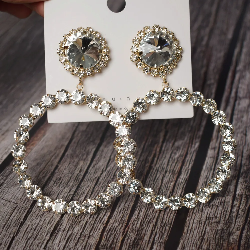 Boutique Super Shiny Crystal Gems Big Circle Dangle Earrings For Women Jewelry Fashion Show Statement Accessories | Украшения и