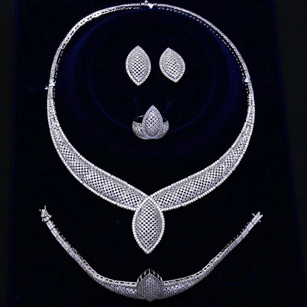 Большой Свадебный роскошный комплект из 4 предметов: ожерелье + серьги браслет