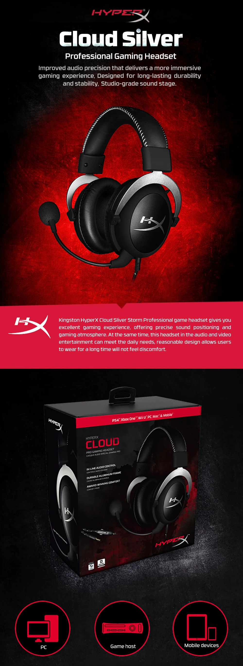 Kingston игровая гарнитура HyperX Cloud Core наушники с микрофоном Hi-Fi Auriculares для ПК PS4 Xbox мобильных устройств