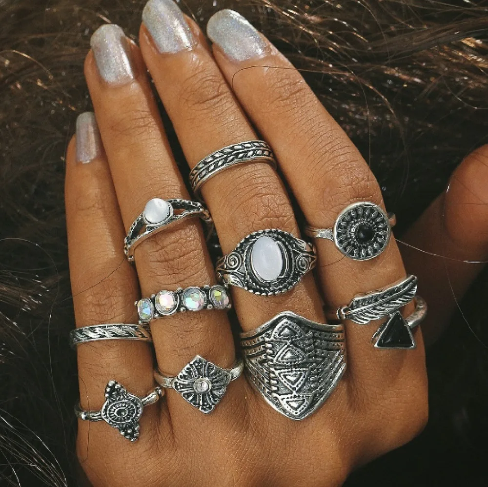 10 шт. Boho Тарельчатая Набор Винтаж палец кольцо набор с листа антикварные