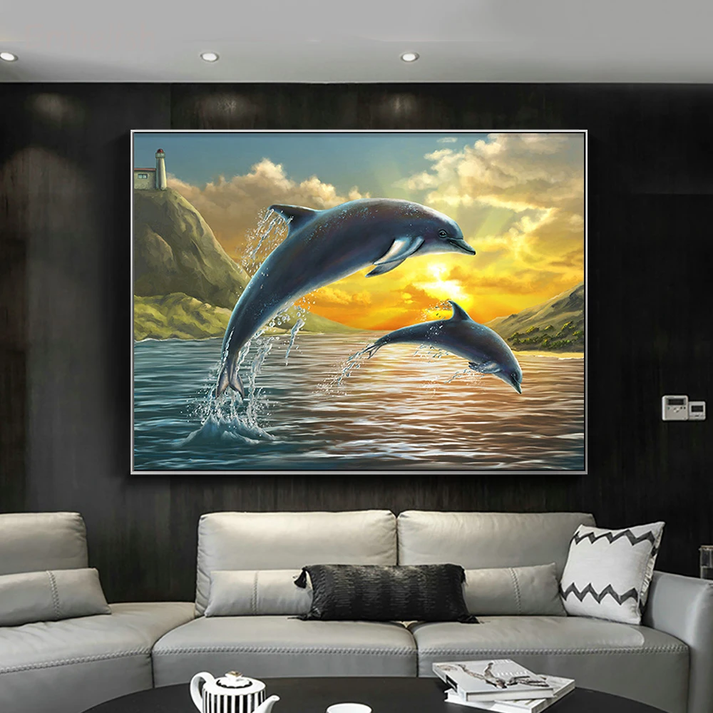 

Embelish 1 Pieces Wall Art Posters Two Dolphins Jumping Out of The Sunset Sea Landscape Home Decor Pictures HD Canvas Paintings