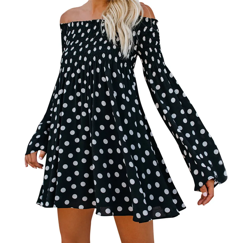 Женское мини платье в горошек с расклешенными рукавами Осеннее сексуальное