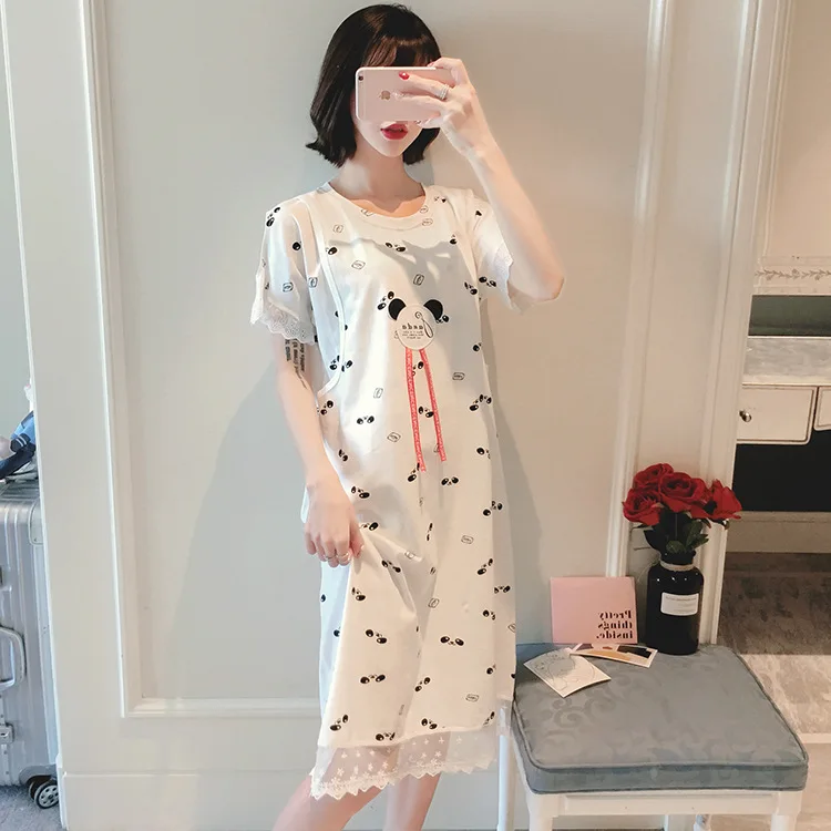 style 1 Летняя тонкая хлопковая ночная рубашка для кормящих мам, милая Пижама для беременных с принтом, кружевная ночная сорочка для беременных в стиле пэчворк - Цвет: style 1