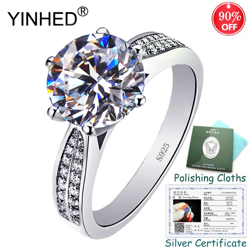 Отправлено серебряное удостоверение! YINHED роскошные классические 6 когти обручальные кольца для женщин 925 пробы серебро 2ct 8 мм CZ Кольцо ZR554