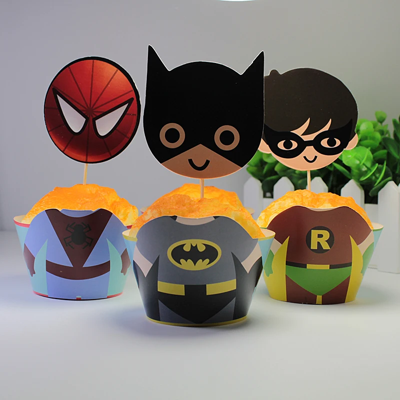 12 наборов героев бумажные обертки для кексов с Топпер Для детей день рождения