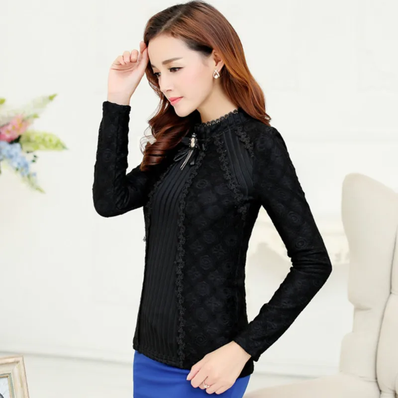 Новинка Осень Модная женская кружевная блузка плюс размер с длинным рукавом