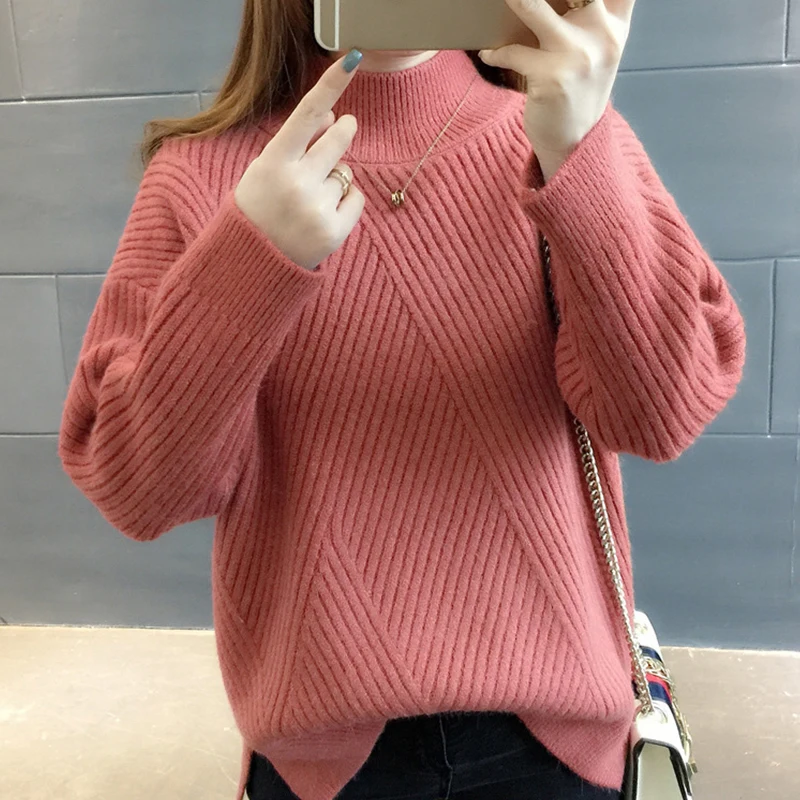 PEONFLY New 2019 Loose Thick Warm Winter Pullover Sweater Women Jumper Half Turtleneck Long Sleeve Knit Yellow Female | Женская одежда