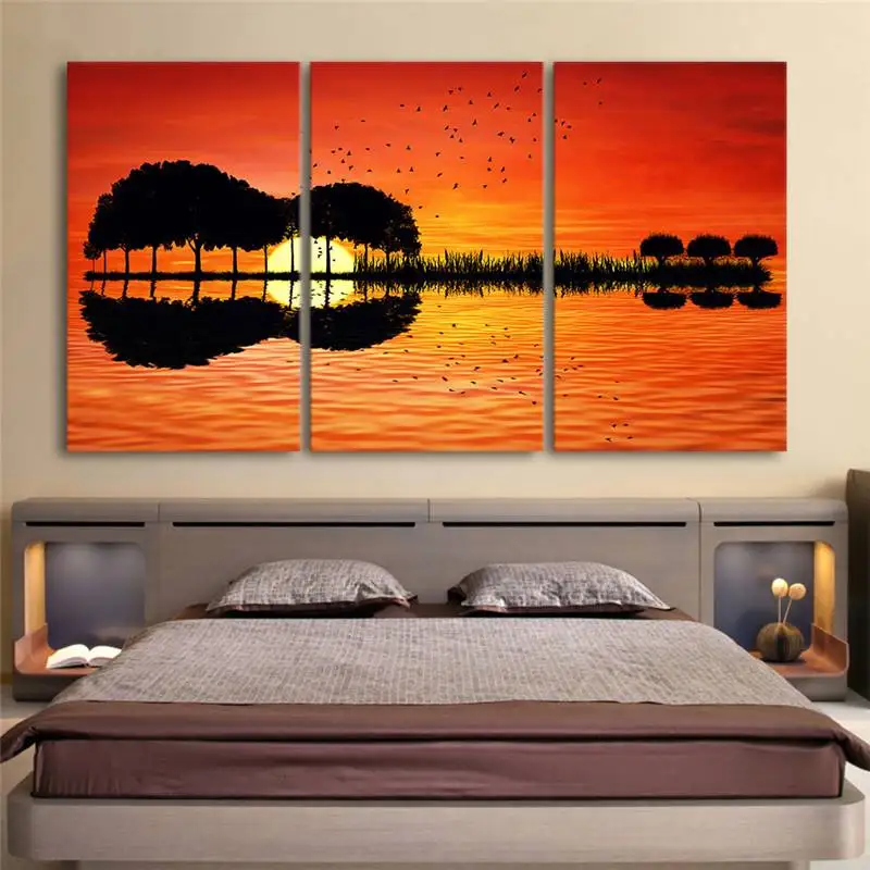 3 предмета Холст Wall Art Hd с гитары дерево Озеро Закат живопись на холсте Декор