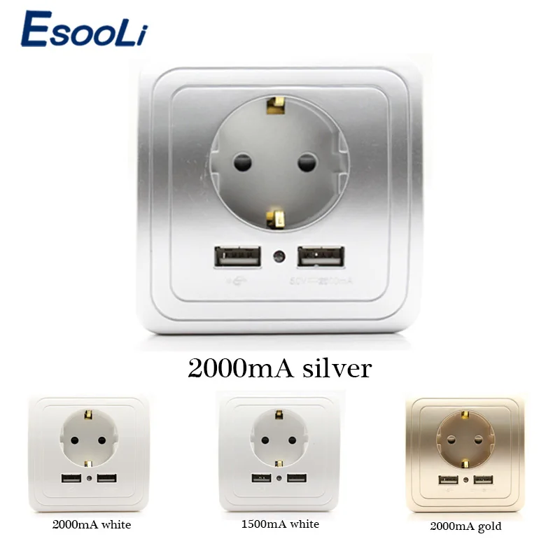 Настенное зарядное устройство Esooli с двумя USB портами 2000 мА