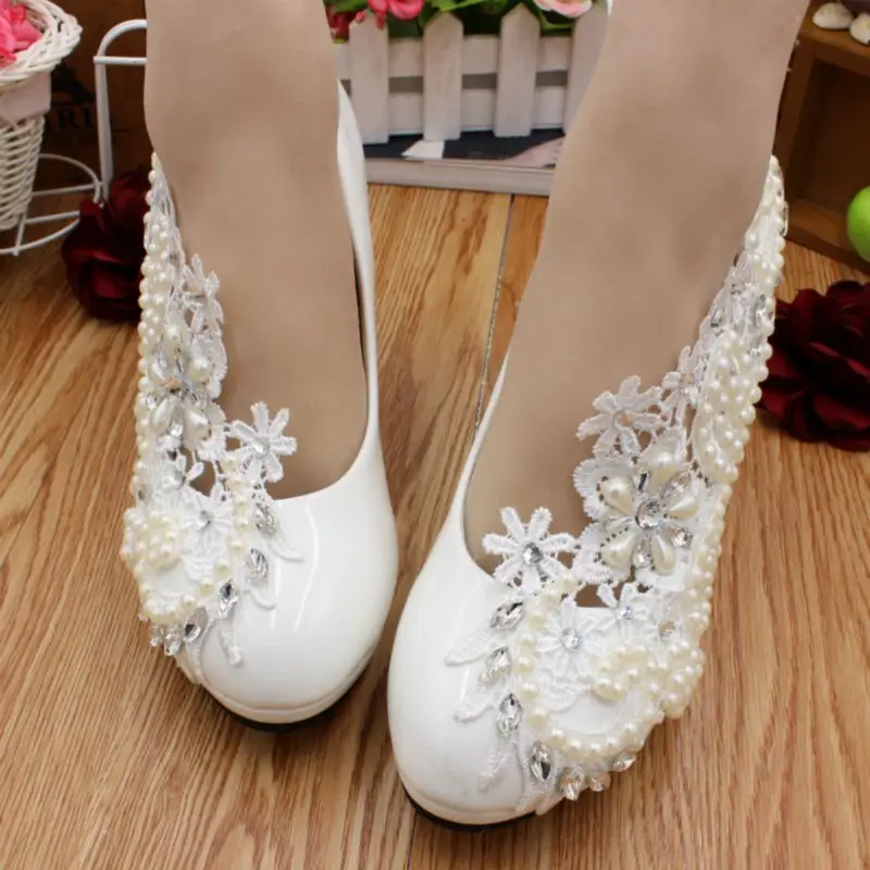 

Romantic Ivory lace pearls super high heels dress pumps shoes woman HS067 dance party platforms wedding shoes online handmade