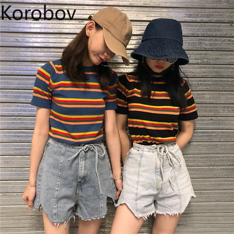 Korobov Harajuku повседневная женская футболка Корейская Радужная полосатая Лоскутная