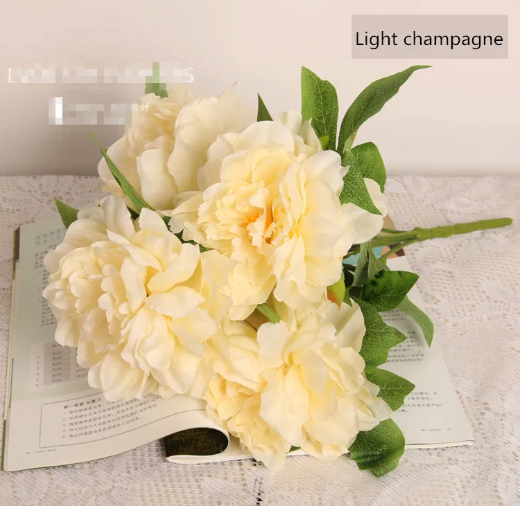 Light champagne 5 голов большой пион, искусственные цветы высококачественный Шелковый Свадебный букет домашние декоративные искусственные цветы подарок на день Святого Валентина - Цвет: Light champagne