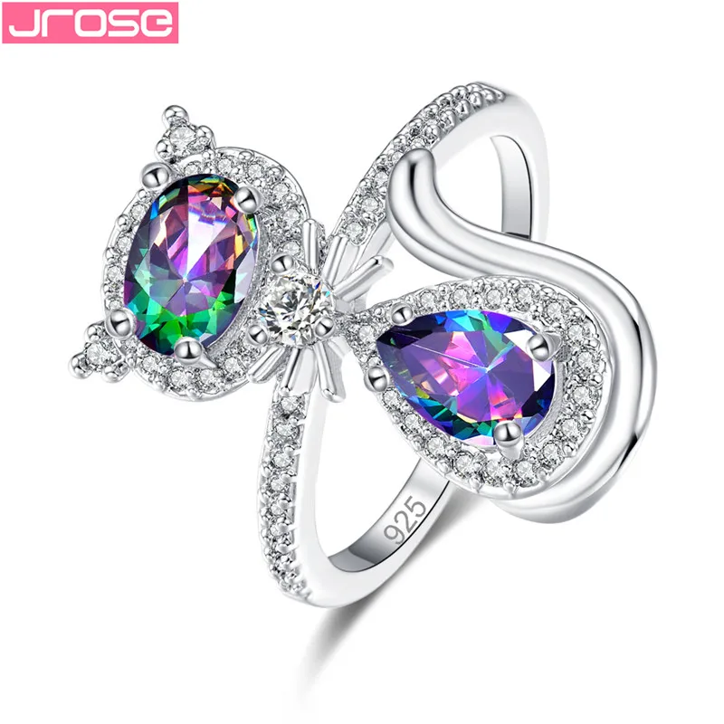 

JROSE Cute Cut Silver 925 Jewelry Rings for Women Girls Rainbow Pink Crystal Zircon Wedding Eagagement Jewelry Gifts anillos
