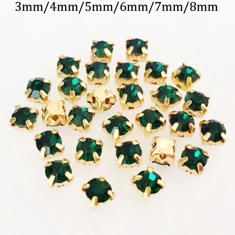

Free shipping!! Dark green color glass sew on rhinestones gold claw base strass