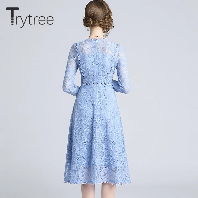 Trytree, летнее, осеннее платье, элегантное, кружевное, повседневное, однотонное, синее, с вырезом, для женщин, платья с О-образным вырезом, ТРАПЕЦИЕВИДНОЕ, Имперское, офисное, женское платье