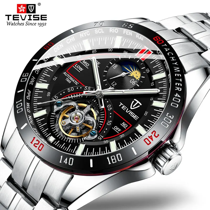 TEVISE Модные мужские скелетоны Tourbillon бизнес часы из нержавеющей стали Мужские