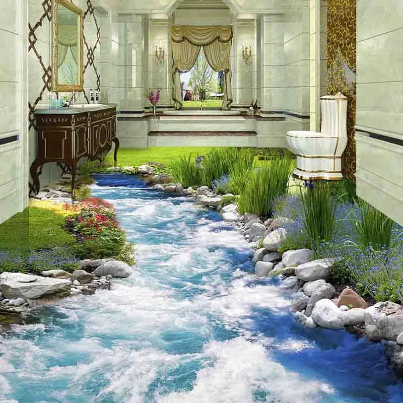 3D Running brook DIY Floor Wallpaper Custom Photo PVC Murals Bathroom Bedding Room Self-adhesive Waterproof #108 | Обустройство дома