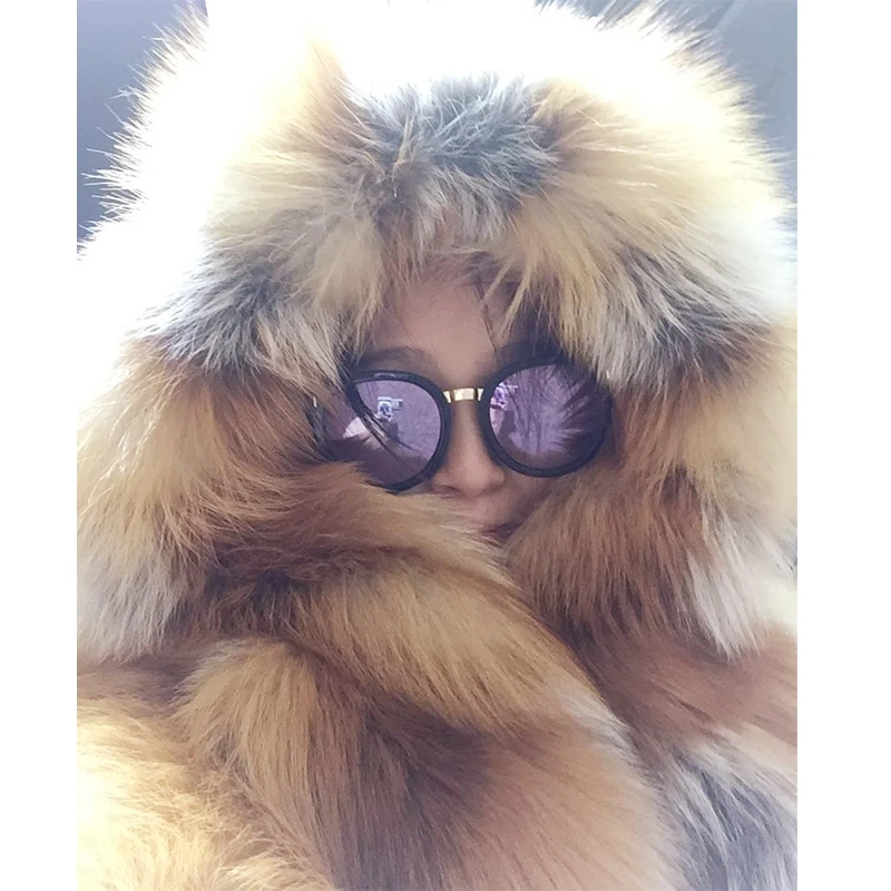 FURSARCAR Silver Fox Fur Coat Top Quality Luxury Real With Hood Thick Warm Winter Jacket Full Pelt Natural Fur Outwear 2021 New