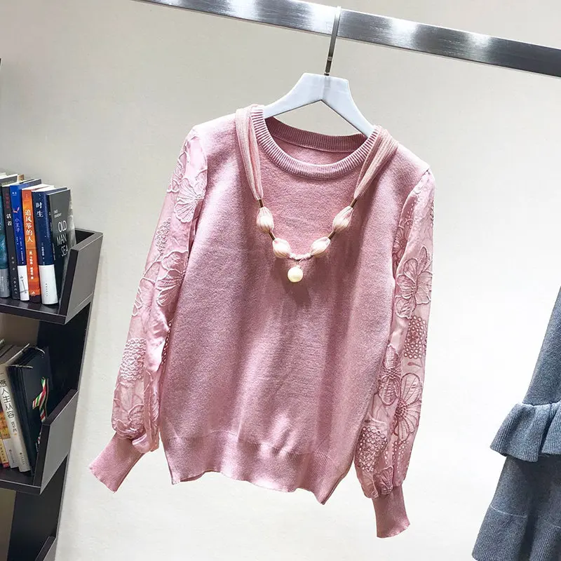 LUOSHA Women Autumn Winter Knitted Embroidery Flower Lace Patchwork Pullovers And Sweater Female Jumper Pull Femme Top | Женская одежда