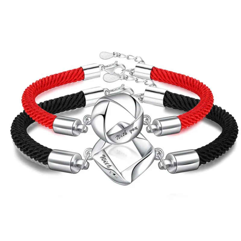 

KOFSAC New Fashion 925 Silve Couple Bracelets for Women Men Wedding Geometric Mobius Red Black Rope Lovers Bangles Jewelry Gifts