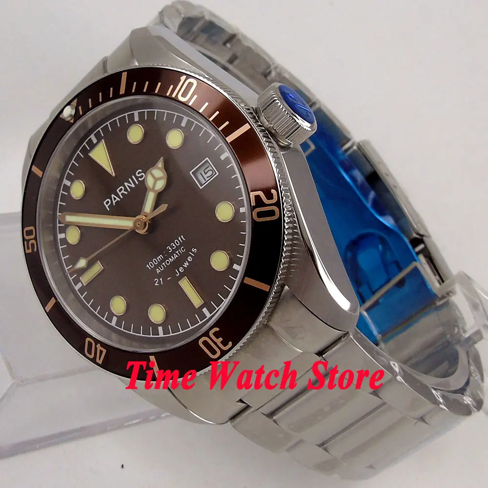 Мужские светящиеся часы PARNIS Miyota 21jewels 10ATM с коричневым циферблатом и