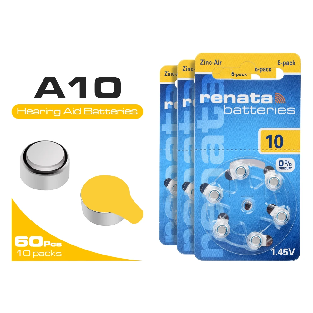 60 шт 1 45 V ZA10 Размер 10 A10 105mAh цинковый воздушный Аккумулятор для слуховых аппаратов