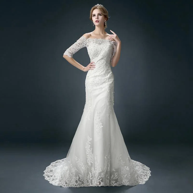 2015 новое поступление русалка кружева свадебное платье с half-рукава белый