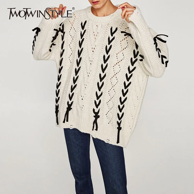 TWOTWINSTYLE Осень Зима Женский Ретро Круглый вырез белый свитер с длинным рукавом