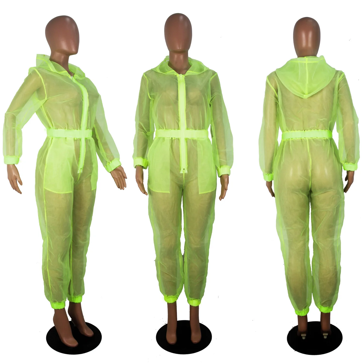 

Neon Green Pink Sheer Organza Hooded Jumpsuit Zipper V Neck Long Sleeve Casual Loose Romper Women Sexy Night Club Overalls