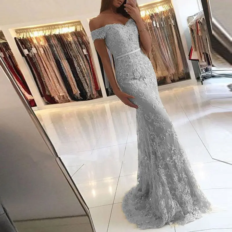 Серое кружевное Тюлевое платье для выпускного с аппликациями элегантное цвета