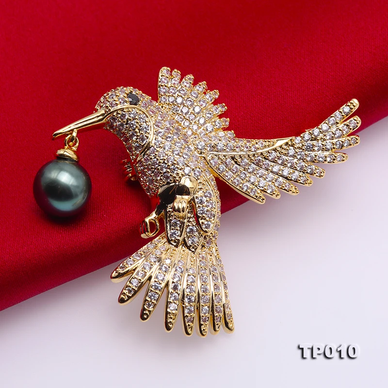 JYX Luxurious Flying bird Brooch 10mm Peacock-green Tahitian Pearl brooches natural 9mm Tahiti Pendant new year gift pin women | Украшения