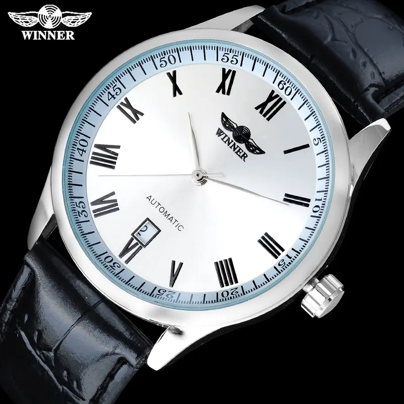 

2016 WINNER popular brand men simple automatic self wind watches Roman numerals dial transparent glass auto date leather band