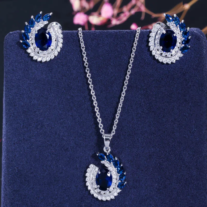 Blue CWWZircons классический лист форма зеленый кубический цирконий трендовый кулон ожерелье и серьги Ювелирные наборы для дам модный подарок T055 - Окраска металла: Blue