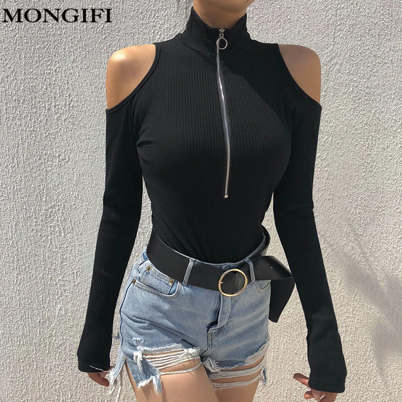 MONGIFI пикантные черные сапоги с длинным рукавом боди Для женщин открытыми плечами