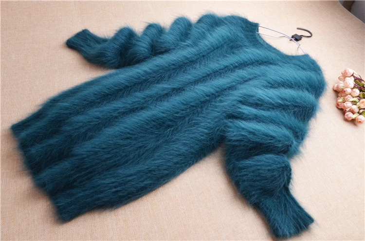 (size:M) Elegant thicken warm genuine mink cashmere slim hand knitting long sleeves o-neck angora rabbit pullover sweater winter | Женская