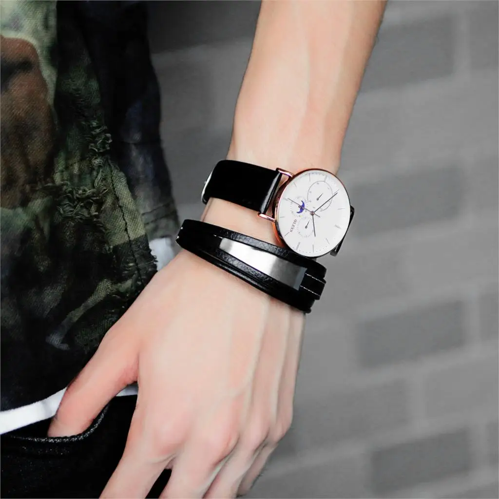 Браслет OPK мужской из нержавеющей стали с гравировкой черный плетеный кожаный