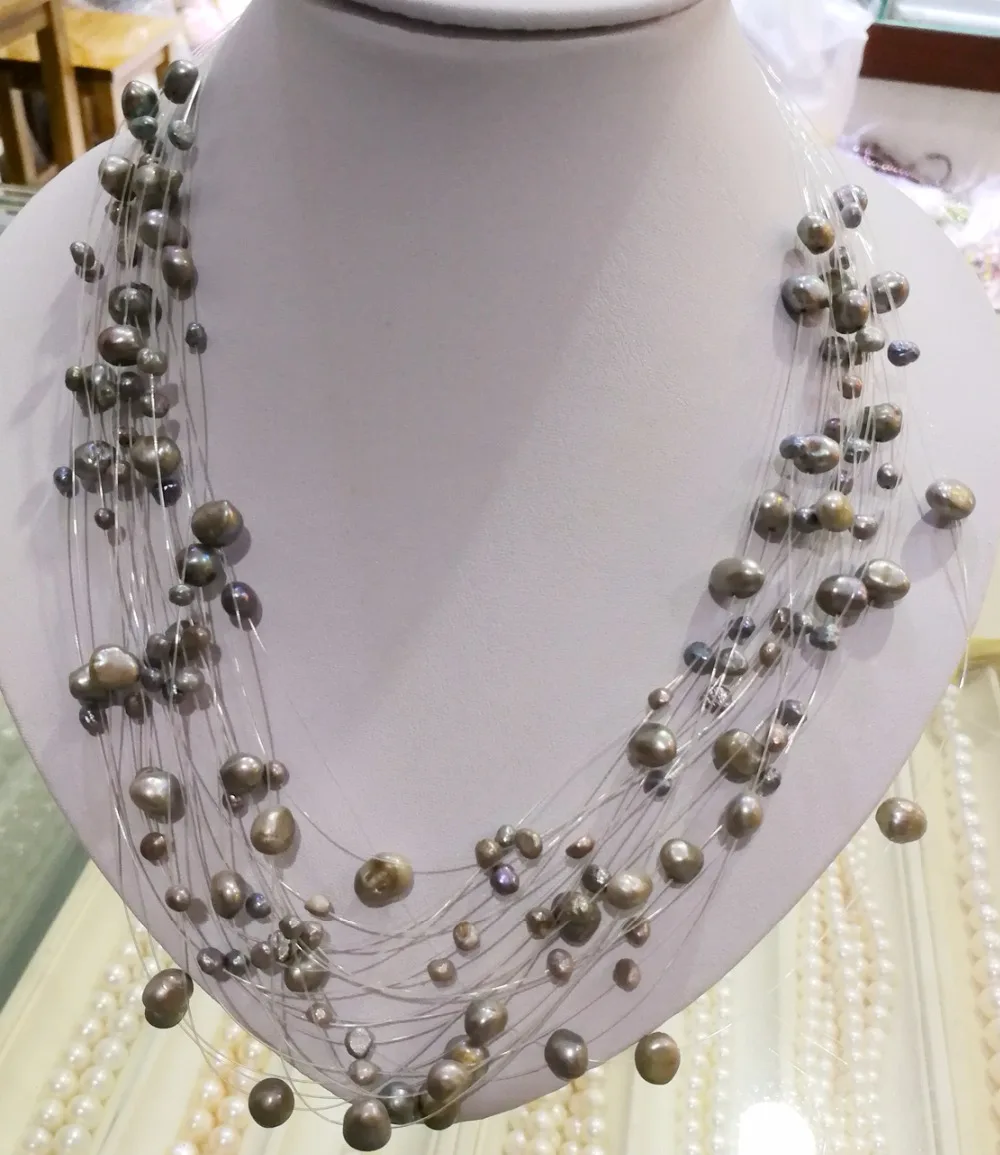 

Women Jewelry 20 rows necklace Deep Black Gray pearl baroque pearl Pendant natural freshwater pearl 45cm 18''