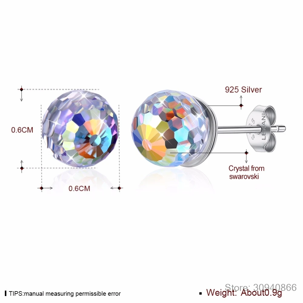 LEKANI кристаллы от Swarovski круглый шар Стерлинговое Серебро 925 серьги-гвоздики ювелирные украшения для женщин подарок на вечеринку