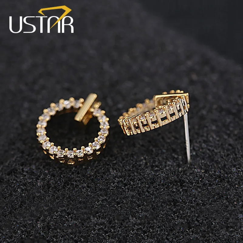 

USTAR NEW Round Crystals Stud Earrings for Women Silver color Fashion Jewelry Earrings female party gift Brincos top quality