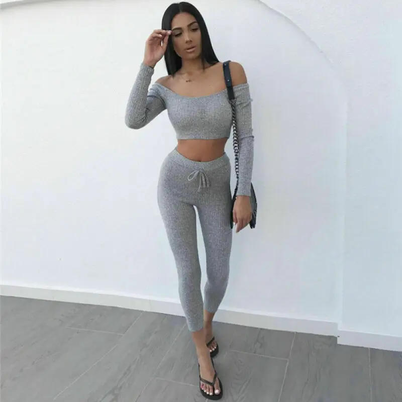 Hot Sales Ladies Casual Sports Slash Neck Long Sleeves Crop Top Bottoms Set Women 2pcs Lounge Wear Suit Tracksuit |