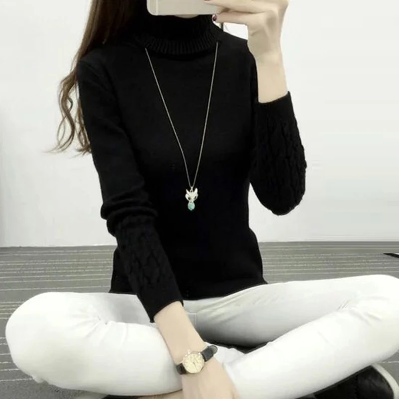 

2017 fashion Women white Lapel turtleneck sweater female knitted shirt Twist thick slim long sleeve pullover sweater coat QH0760