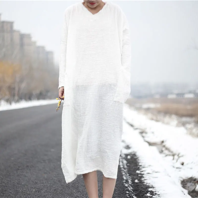 [Javers] Женщины осень халат винтажная короткая Стиль хлопок белье платье v образным