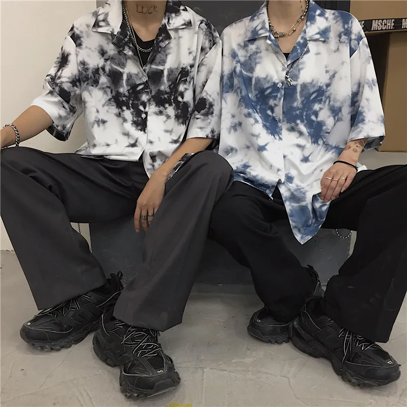 Tie Dye, Ретро стиль, хиппи, с принтом, короткий рукав, v-образный вырез, отложной, свободная блузка, летняя, Harajuku, уличная, Корейская, женская рубашка, топ, блуза